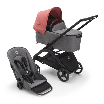 Bugaboo Dragonfly bassinet and seat stroller with black chassis, grey melange fabrics and sunrise red sun canopy.