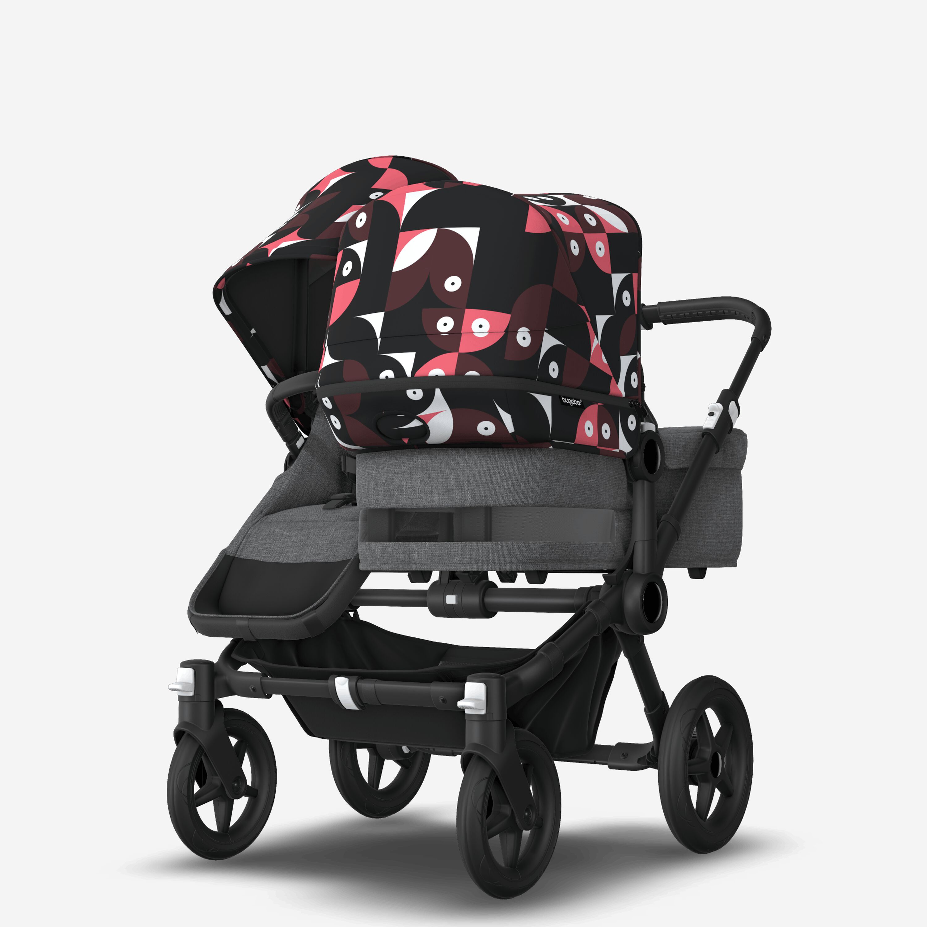 Bugaboo Donkey 5 Duo double stroller black base, grey mélange fabrics, animal explorer pink/ red sun canopy - Main Modal Image Slide 3 of 10