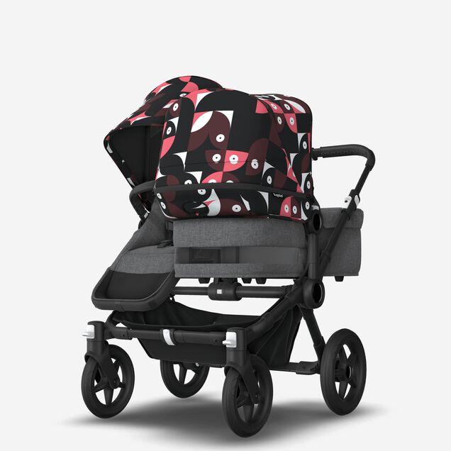 Bugaboo Donkey 5 Duo double stroller black base, grey mélange fabrics, animal explorer pink/ red sun canopy - Main Image Slide 3 of 10