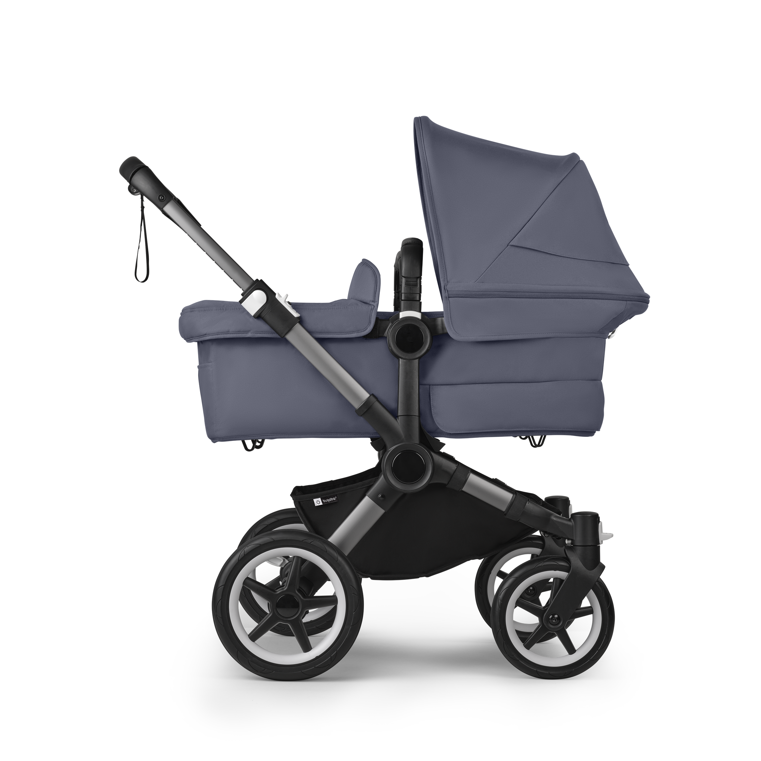 Bugaboo Donkey 5 twin stroller graphite base, stormy blue fabrics, stormy blue sun canopy - Thumbnail Slide 2 of 12