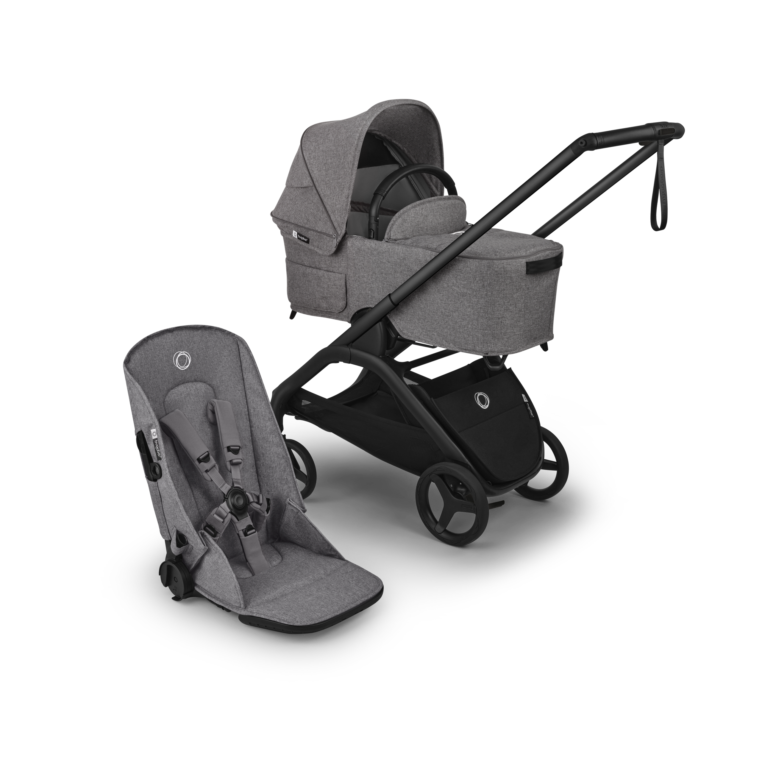 Bugaboo Dragonfly Plus 2-in-1 stroller black base, grey melange fabrics, grey melange sun canopy - Thumbnail Slide 1 of 11