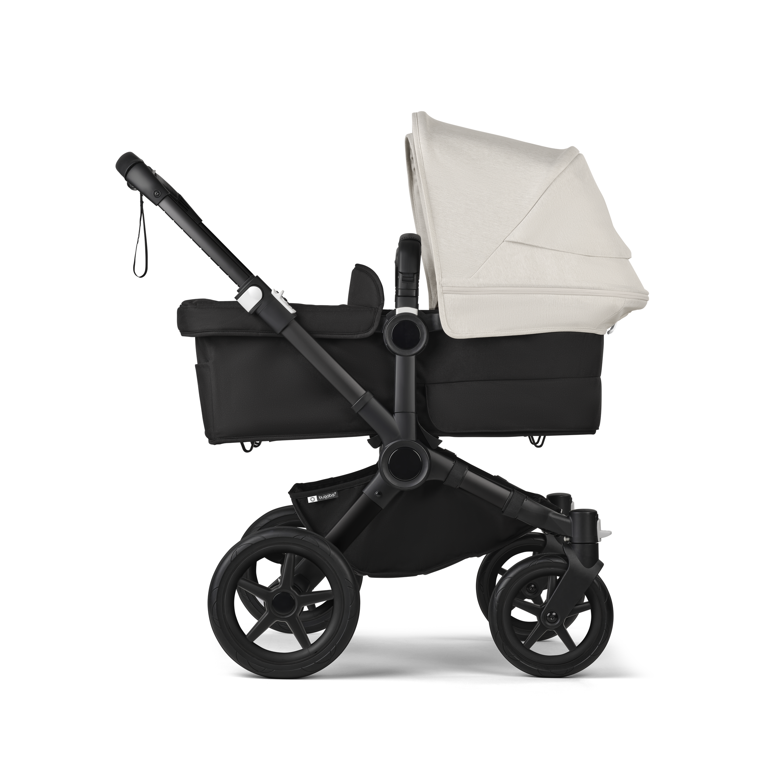 Bugaboo Donkey 5 twin stroller black base, midnight black fabrics, misty white sun canopy - Thumbnail Slide 2 of 12