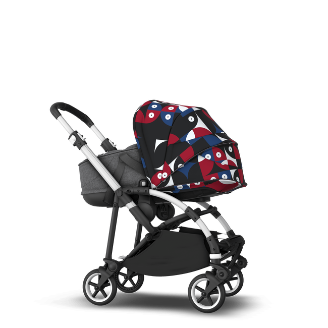 Bugaboo Bee 6 bassinet and seat stroller aluminium base, grey fabrics, animal explorer red/blue sun canopy
