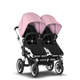 Bugaboo Donkey 3 Twin seat and bassinet stroller soft pink sun canopy, black fabrics, aluminium base