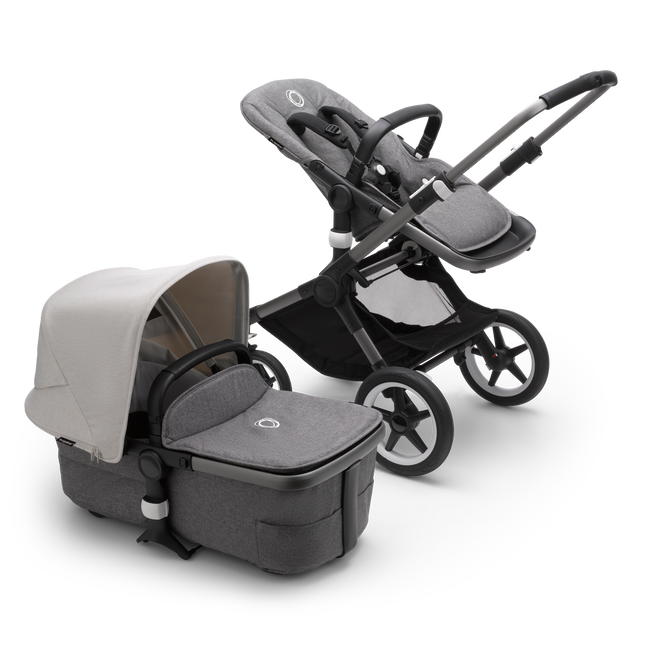 Bugaboo Fox 3 bassinet and seat stroller graphite base, grey melange fabrics, misty white sun canopy