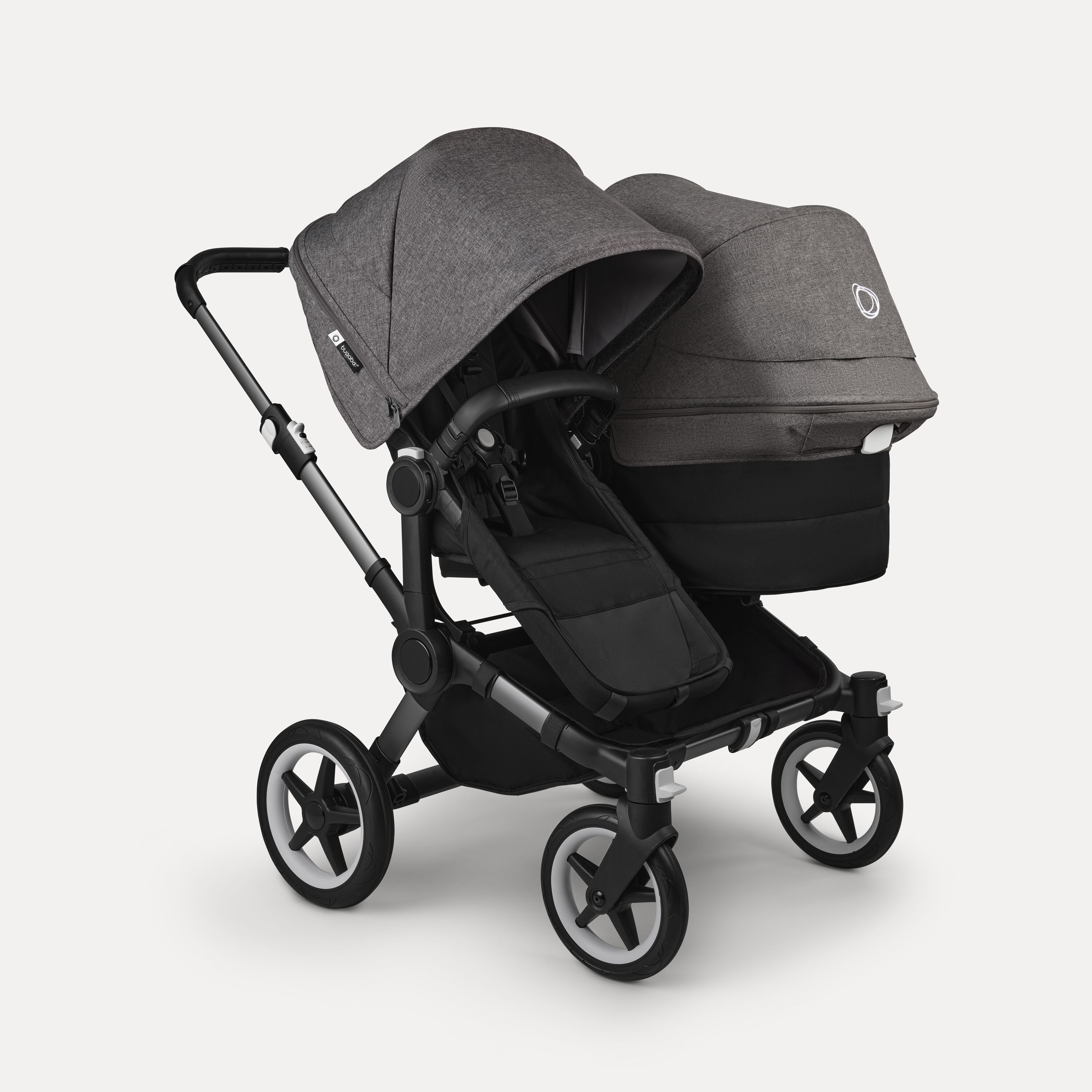 Bugaboo Donkey 5 Duo double stroller graphite base, midnight black fabrics, grey mélange sun canopy - Main Modal Image Slide 1 of 11