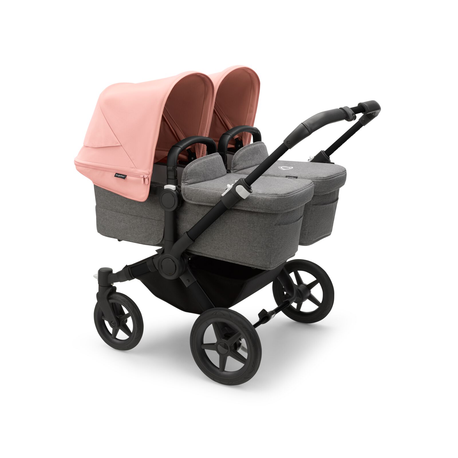 Bugaboo Donkey 5 Twin bassinet and seat stroller black base, grey mélange fabrics, morning pink sun canopy