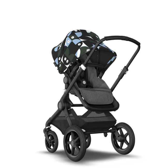 Bugaboo Fox 3 bassinet and seat stroller black base, grey melange fabrics, animal explorer green/ light blue sun canopy