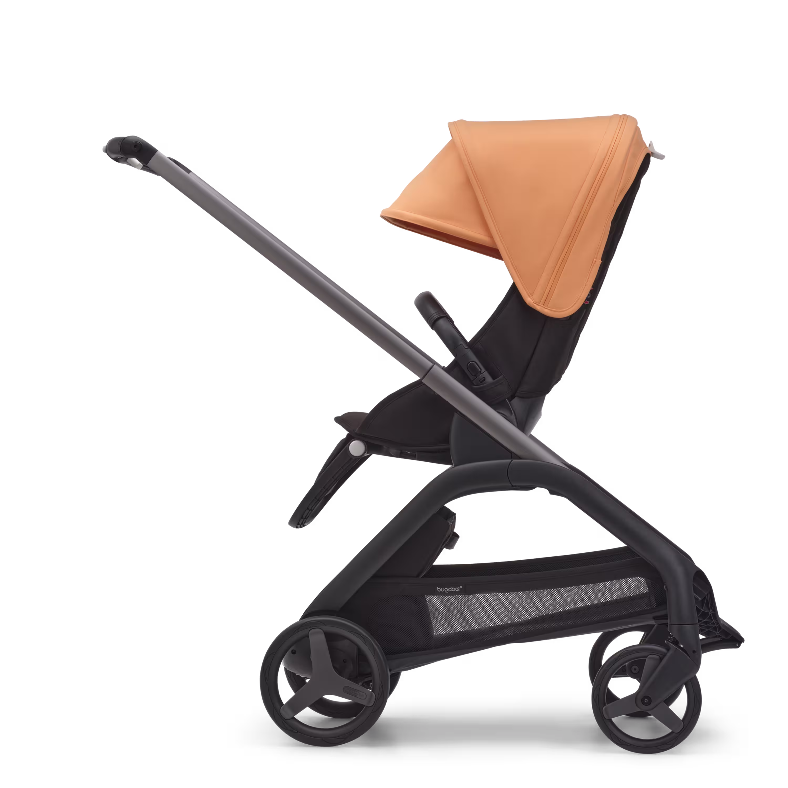 Side view of the Bugaboo Dragonfly seat stroller with graphite chassis, midnight black fabrics and island coral sun canopy. - Main Modal Image Slide 2 of 12