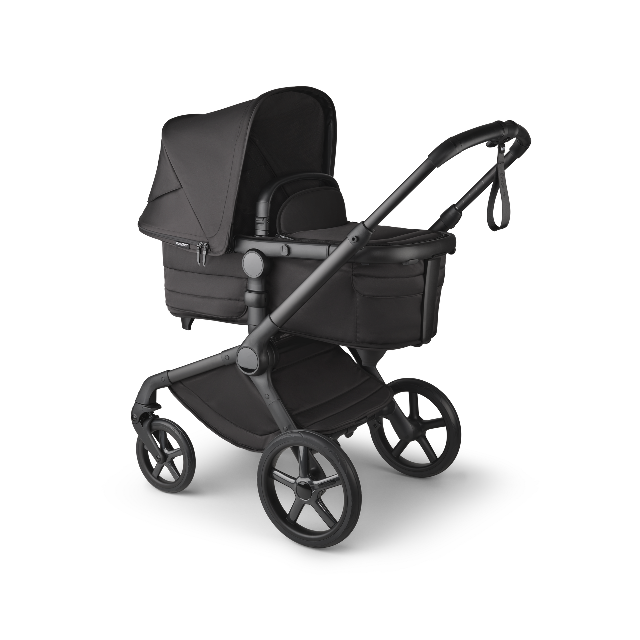 A Bugaboo Fox 5 Noir Limited Edition bassinet stroller in Black Moonlight colorway. - Thumbnail Slide 3 of 15