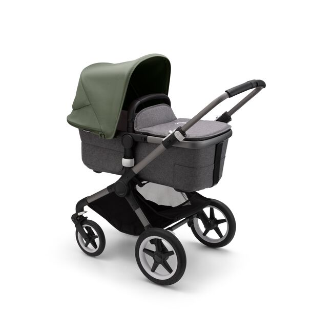Bugaboo Fox 3 carrycot pushchair with graphite frame, grey melange fabrics, and forest green sun canopy. - Main Image Slide 2 of 7