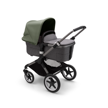 Bugaboo Fox 3 carrycot pushchair with graphite frame, grey melange fabrics, and forest green sun canopy.