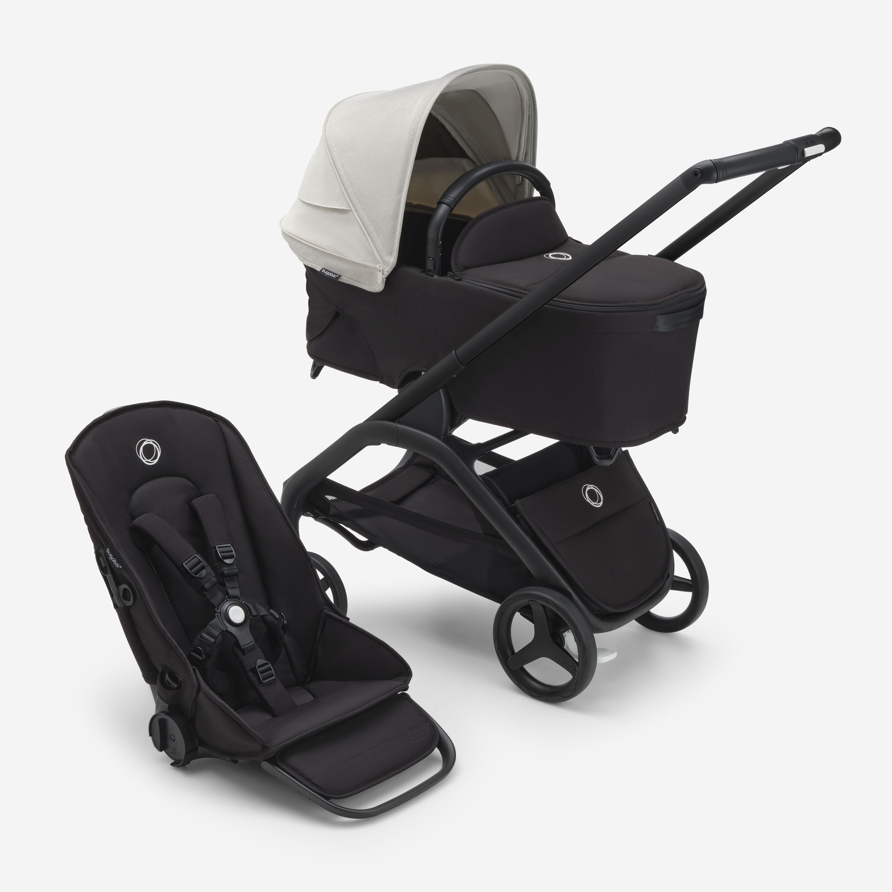Passeggino con seduta e navicella Bugaboo Dragonfly con telaio black, tessuti midnight black e cappottina misty white. - Main Modal Image Slide 1 of 16