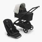 Bugaboo Dragonfly bassinet and seat stroller with black chassis, midnight black fabrics and misty white sun canopy.