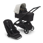 Poussette siège et nacelle Bugaboo Dragonfly avec châssis noir, habillages nuit noire et capote blanc brume.