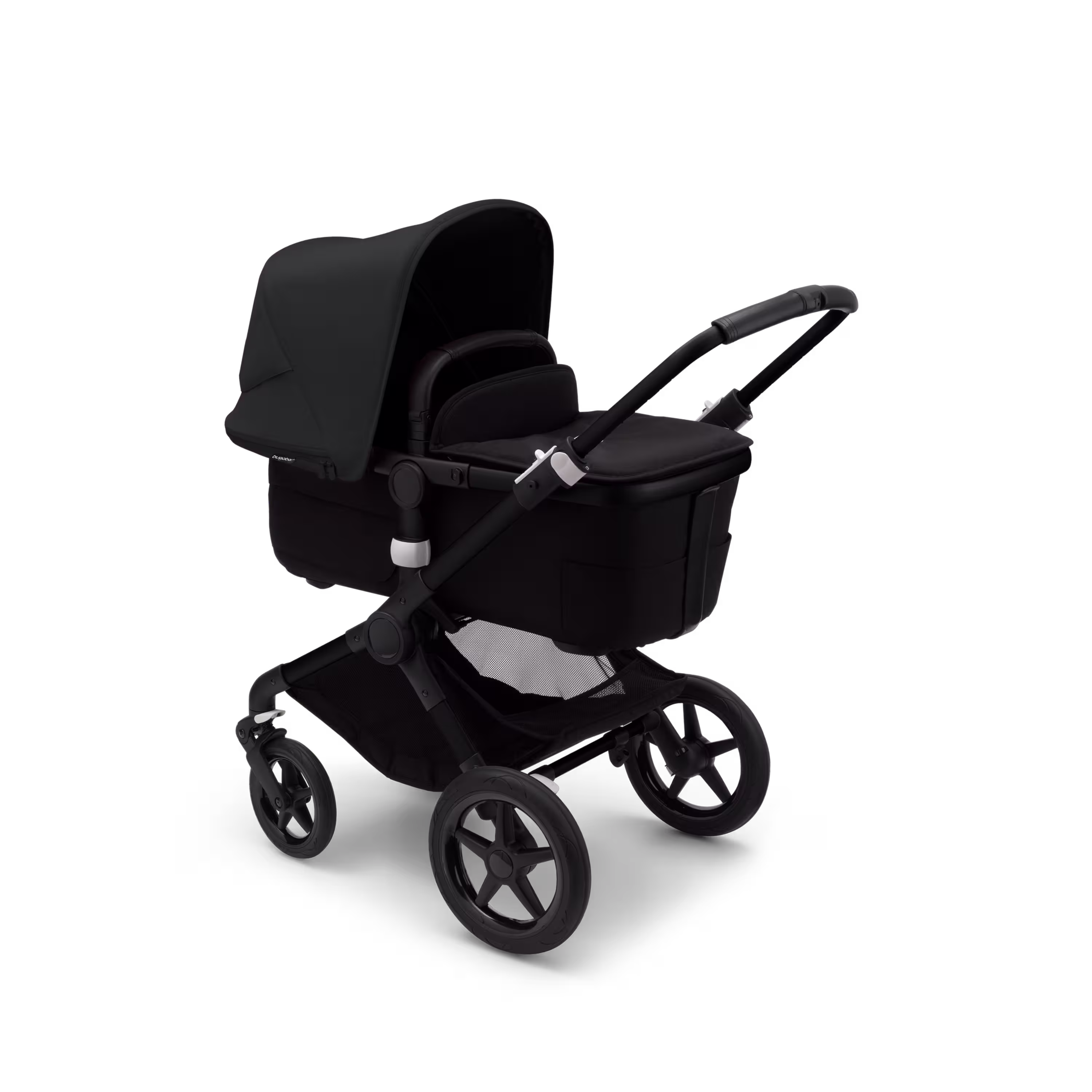 Bugaboo Fox 3 pram body stroller with black frame, black fabrics, and black sun canopy. - Main Modal Image Slide 2 of 7