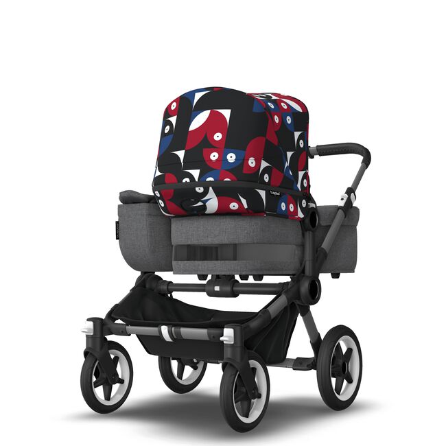 Bugaboo Donkey 5 Mono bassinet and seat stroller graphite base, grey mélange fabrics, animal explorer red/ blue sun canopy