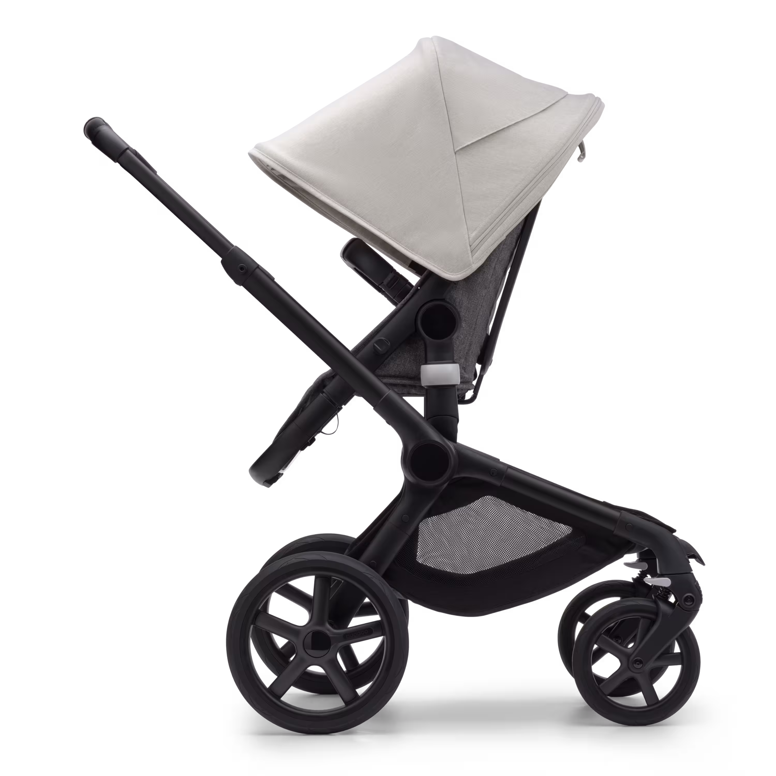 Side view of the Bugaboo Fox 5 seat pushchair with black chassis, grey melange fabrics and misty white sun canopy. - Main Modal Image Slide 3 of 13