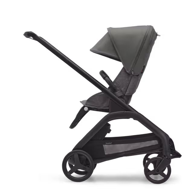 Refurbished Bugaboo Dragonfly bassinet and seat stroller black base, grey melange fabrics, forest green sun canopy - Main Image Slide 2 van 10