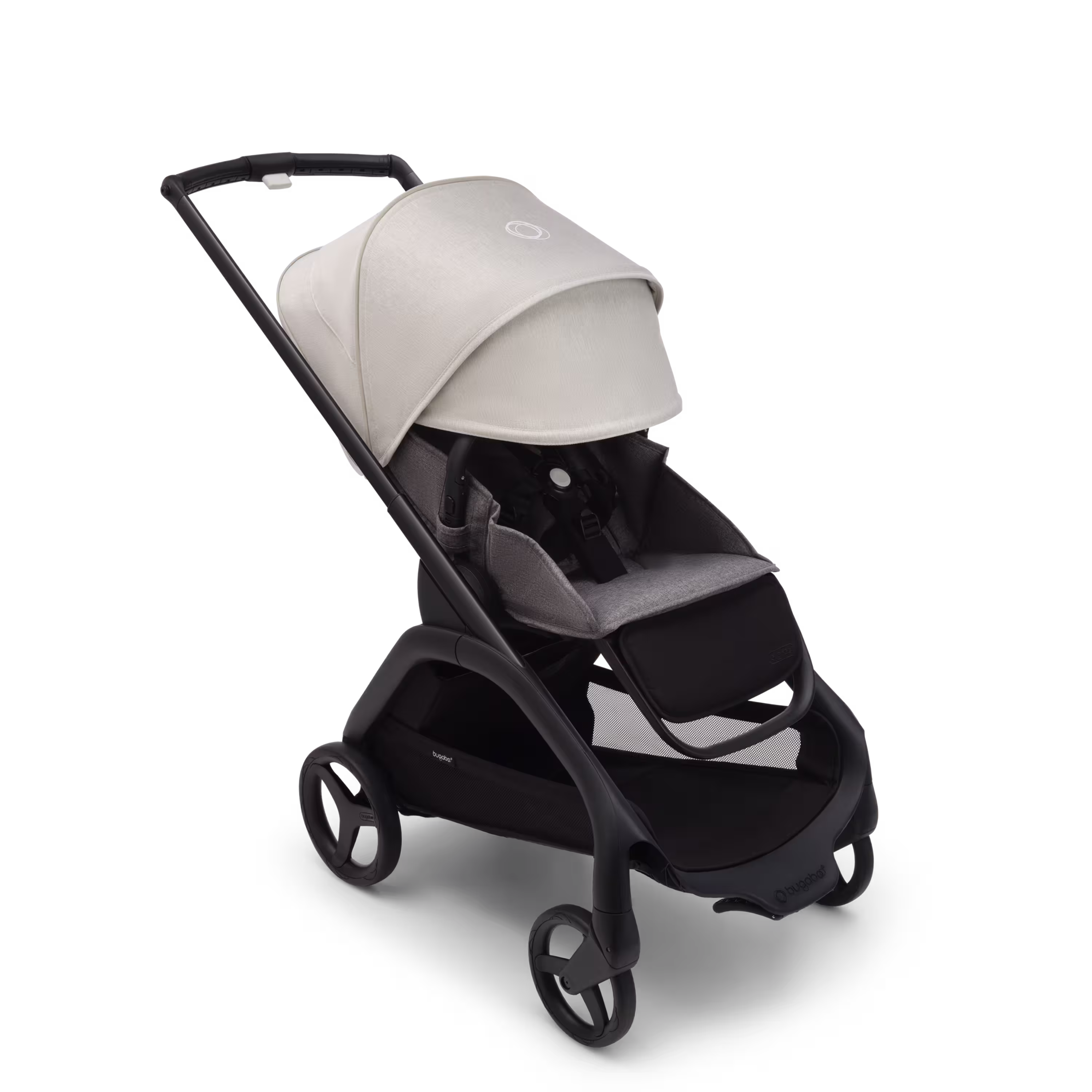 Passeggino Bugaboo Dragonfly con seduta e telaio black, tessuti grey melange e cappottina misty white. La cappottina parasole è completamente estesa. - Main Modal Image Slide 3 of 16