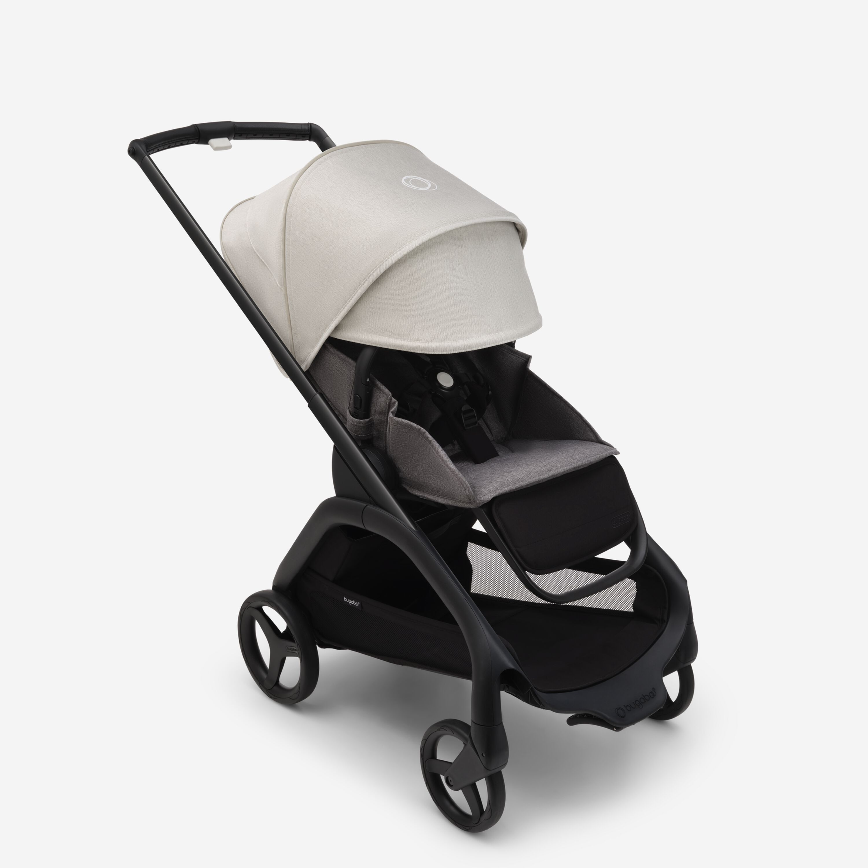 Passeggino Bugaboo Dragonfly con seduta e telaio black, tessuti grey melange e cappottina misty white. La cappottina parasole è completamente estesa. - Main Modal Image Slide 3 of 16