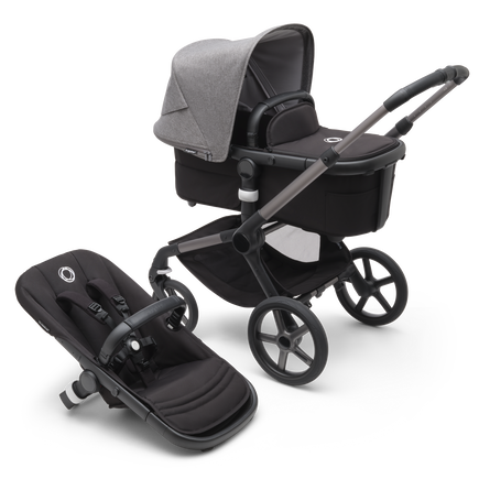 Bugaboo Fox 5 bassinet and seat stroller with graphite chassis, midnight black fabrics and grey melange sun canopy. - view 1