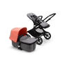 Poussette siège et nacelle Bugaboo Fox 3 avec cadre noir, habillage gris chiné et capote rouge.