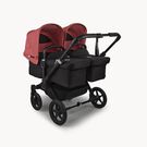 Bugaboo Donkey 5 twin stroller black base, midnight black fabrics, sunrise red sun canopy