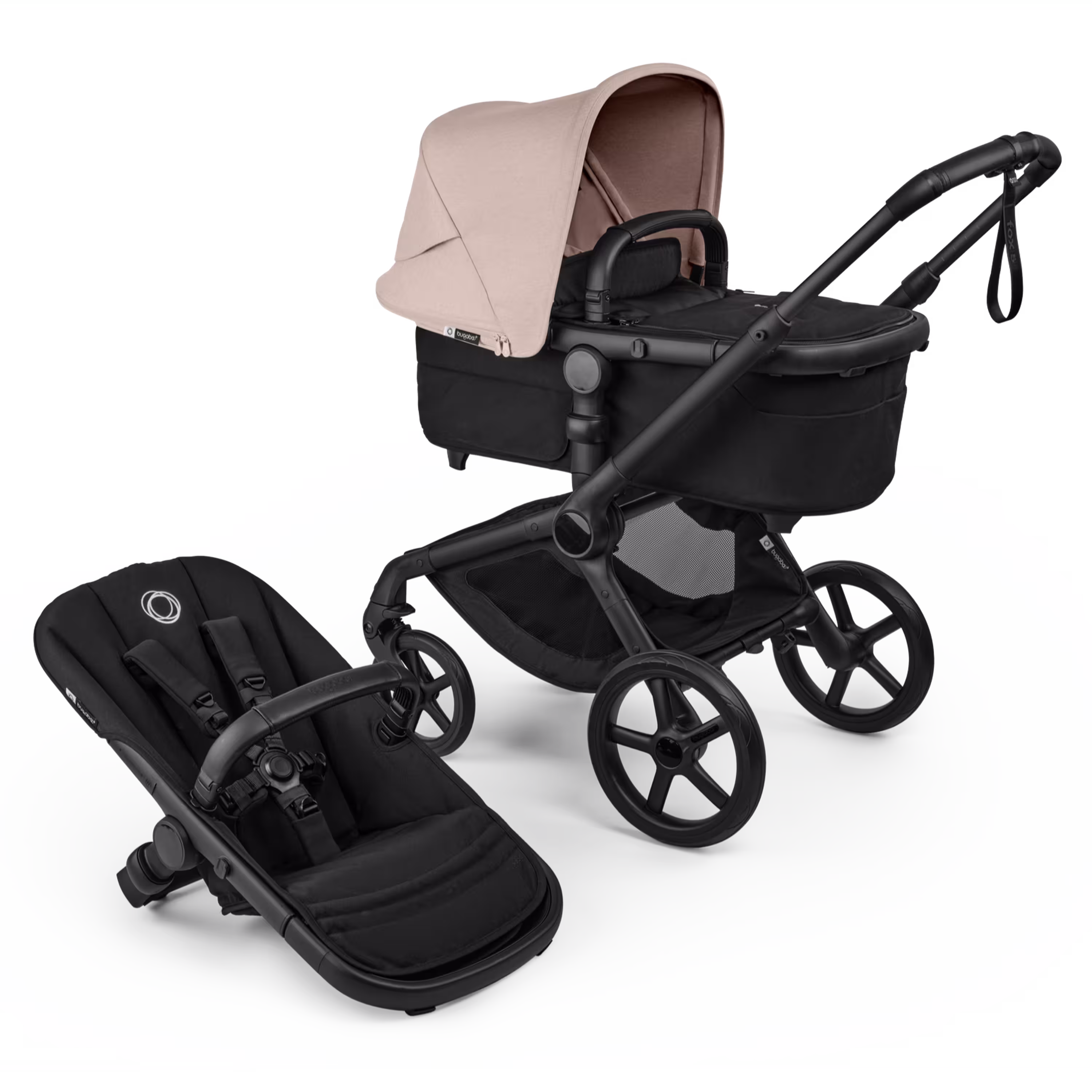 부가부 폭스 5 리뉴 배시넷 및 시트 2-in-1 스트롤러(블랙 섀시, 헤리티지 블랙 패브릭, 및 데저트 토프 멜란지 썬 캐노피 포함). - Main Modal Image Slide 1 of 12