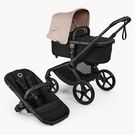 Bugaboo Fox 5 Renew bassinet and seat 2-in-1 stroller, with black chassis, Heritage Black fabrics, and Desert Taupe Mélange sun canopy.