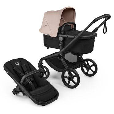 Bugaboo Fox 5 Renew bassinet and seat 2-in-1 stroller, with black chassis, Heritage Black fabrics, and Desert Taupe Mélange sun canopy.