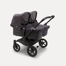 Bugaboo Donkey 5 twin stroller black base, mineral washed black fabrics, mineral washed black sun canopy