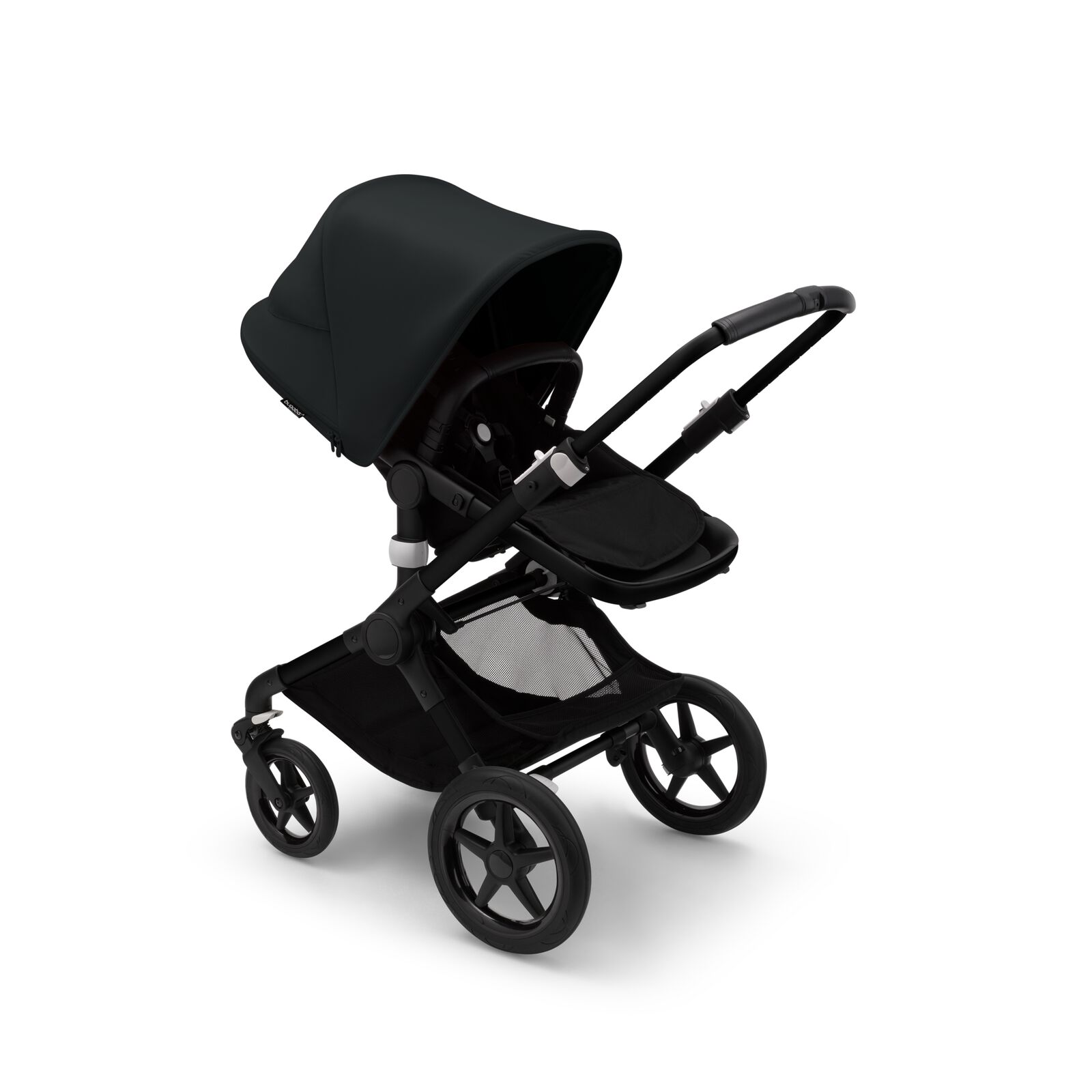 Bugaboo Fox 3 seat stroller with black frame, black fabrics, and black sun canopy.