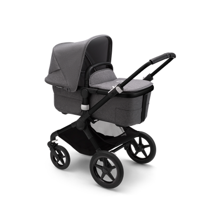 Bugaboo Fox 3 bassinet stroller with black frame, grey fabrics, and grey sun canopy. - view 2