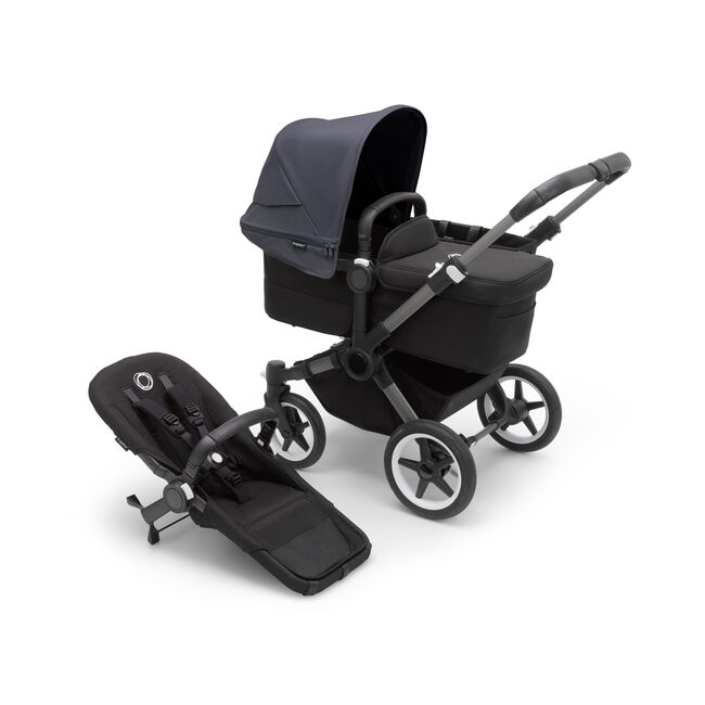 Bugaboo Donkey 5 Mono bassinet stroller with graphite chassis, midnight black fabrics and stormy blue sun canopy, plus seat. - Main Image Slide 1 of 13
