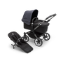 Bugaboo Donkey 5 Mono bassinet stroller with graphite chassis, midnight black fabrics and stormy blue sun canopy, plus seat. - Thumbnail Slide 1 of 13