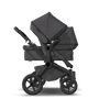 Bugaboo Donkey 5 Duo bassinet and seat stroller black base, mineral washed black fabrics, mineral washed black sun canopy