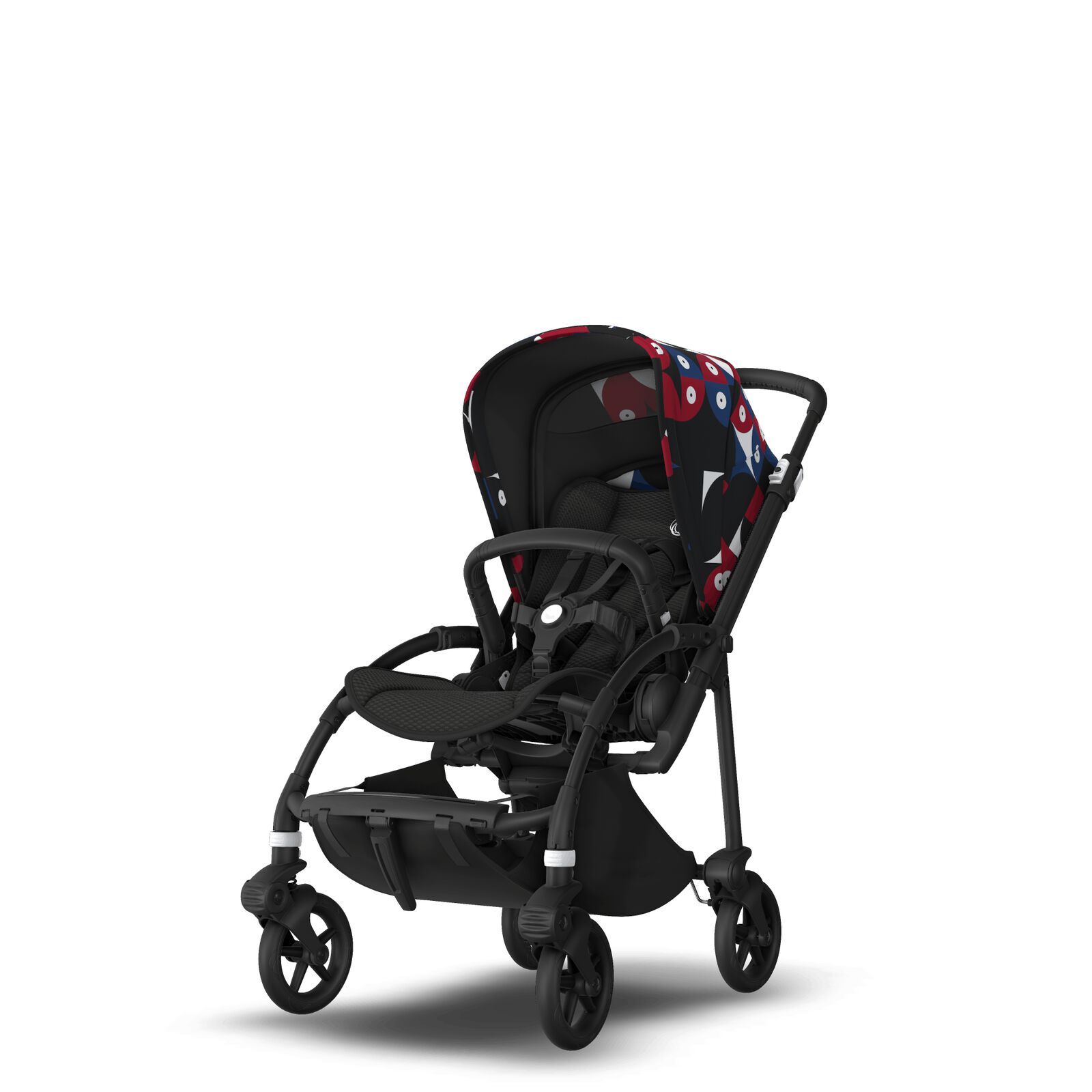 Bugaboo Bee 6 bassinet and seat stroller black base, black fabrics, animal explorer red/blue sun canopy