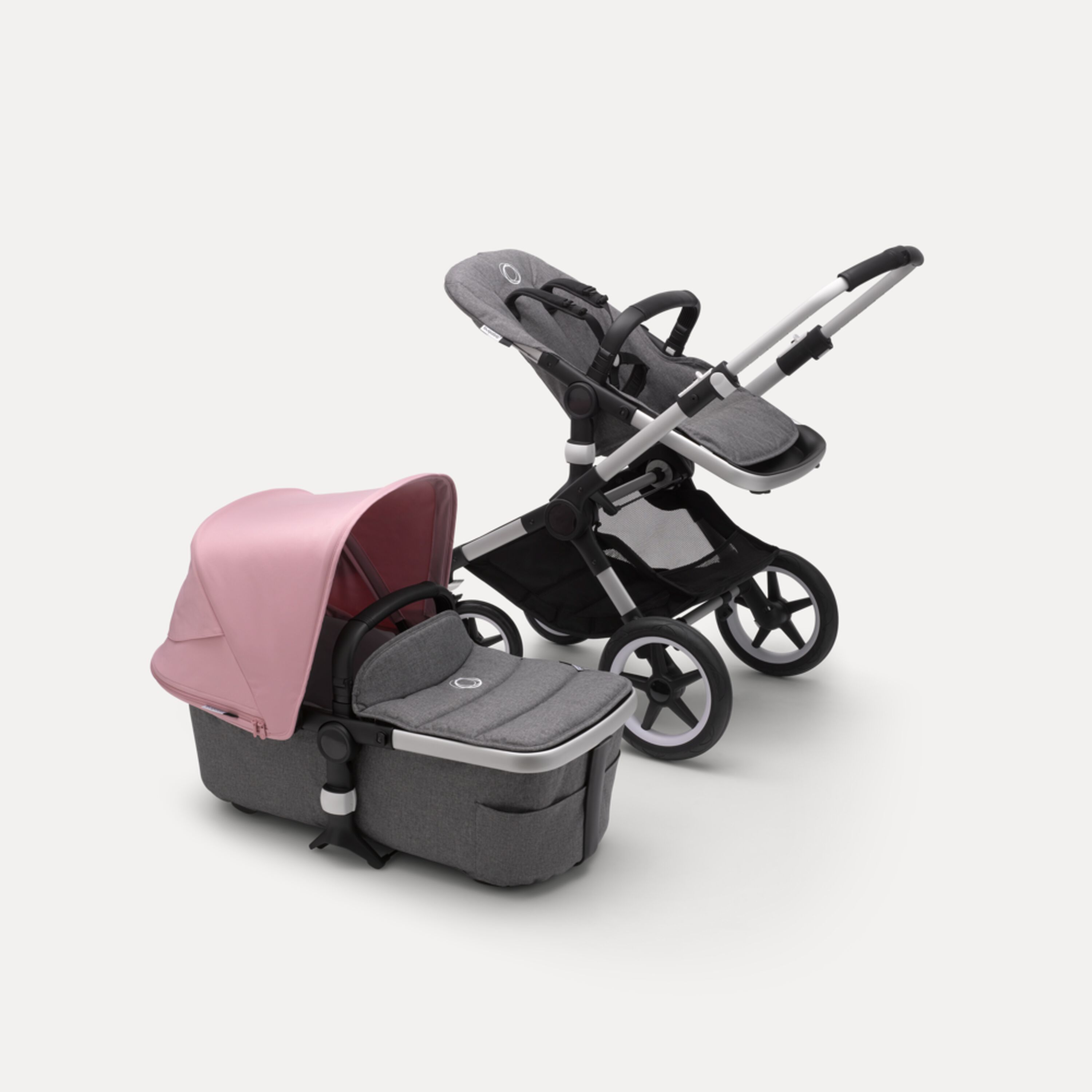 Bugaboo Fox 2 seat and carrycot pushchair soft pink sun canopy, grey melange fabrics, aluminium base - Main Modal Image Slide 9 of 10