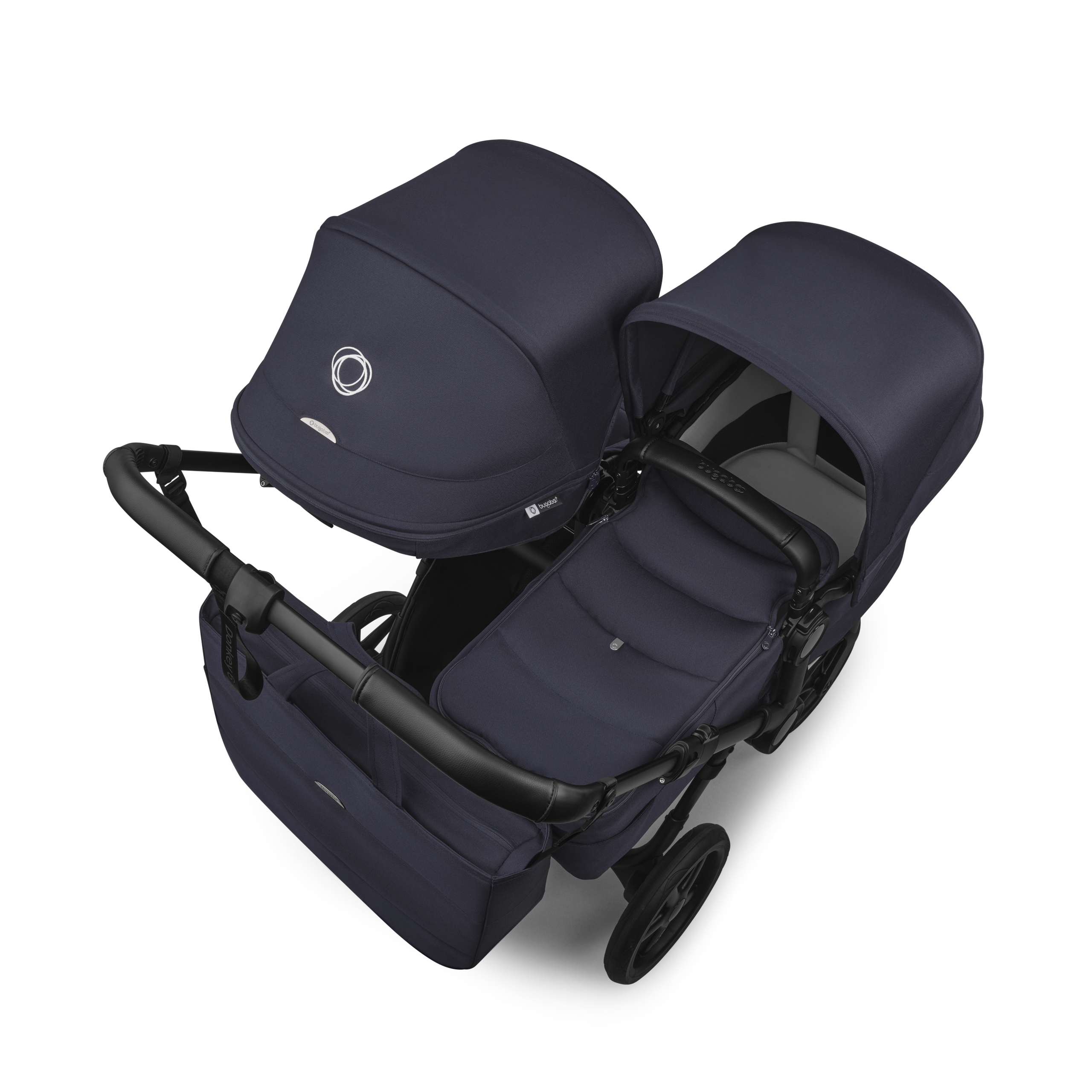 Bugaboo Donkey 6 double stroller black base, deep indigo fabrics, deep indigo sun canopy view 4 - Thumbnail Slide 4 of 10