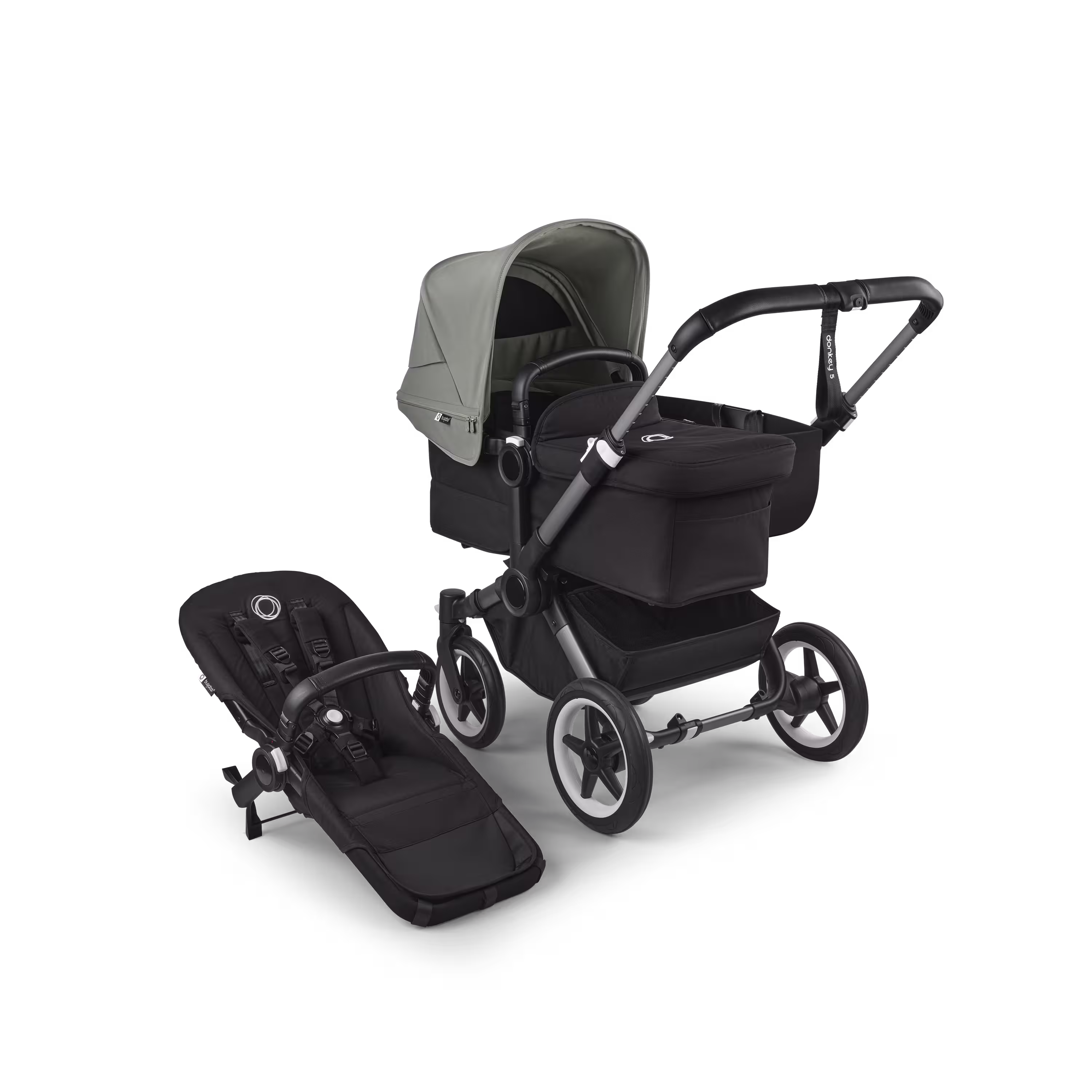Bugaboo Donkey 5 Mono 2-in-1 stroller graphite base, midnight black fabrics, forest green sun canopy - Main Modal Image Slide 1 of 12