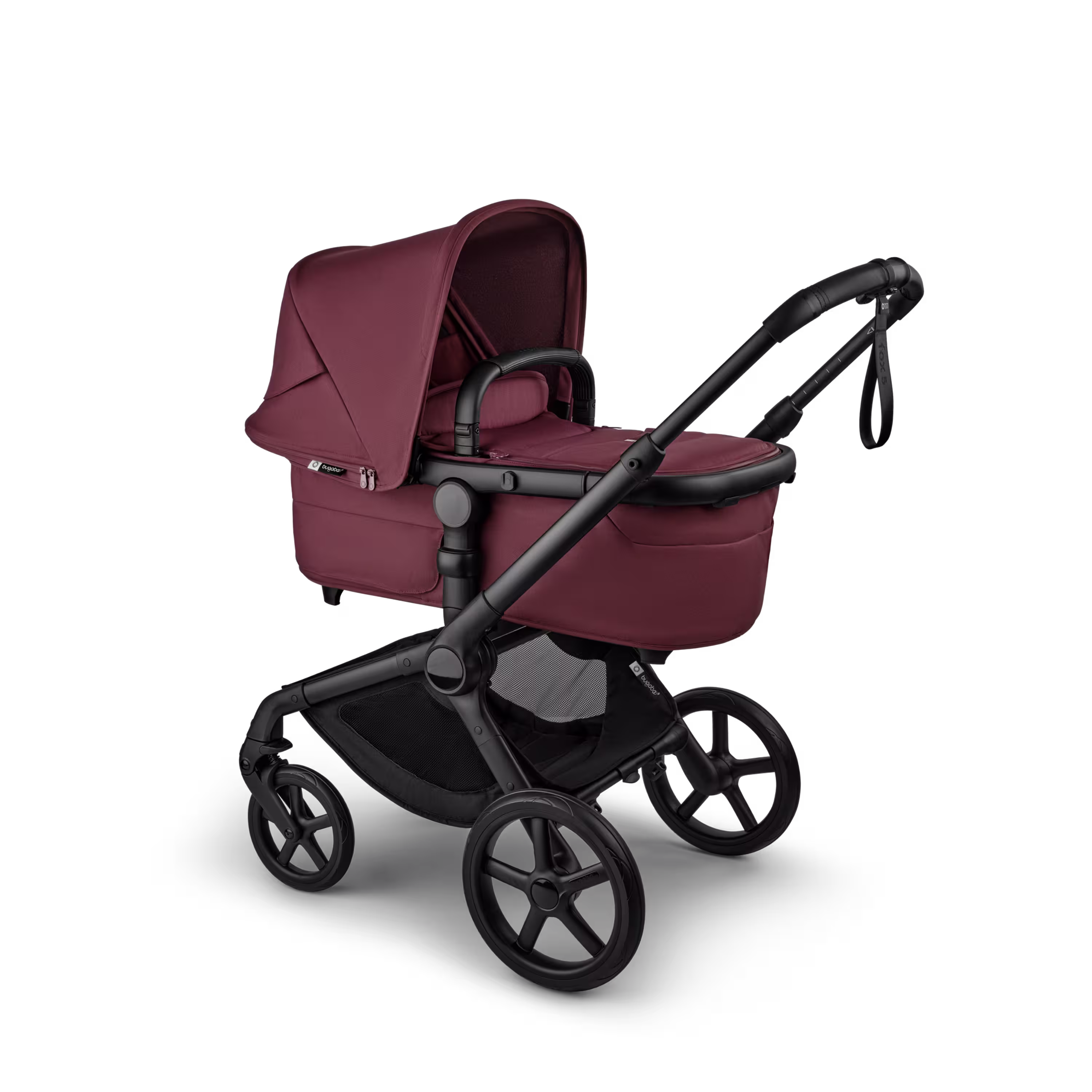 Bugaboo Fox 5 Renew carrycot baby pushchair, with black chassis, Dark Cherry fabrics, and Dark Cherry sun canopy. - Main Modal Image Slide 2 of 12