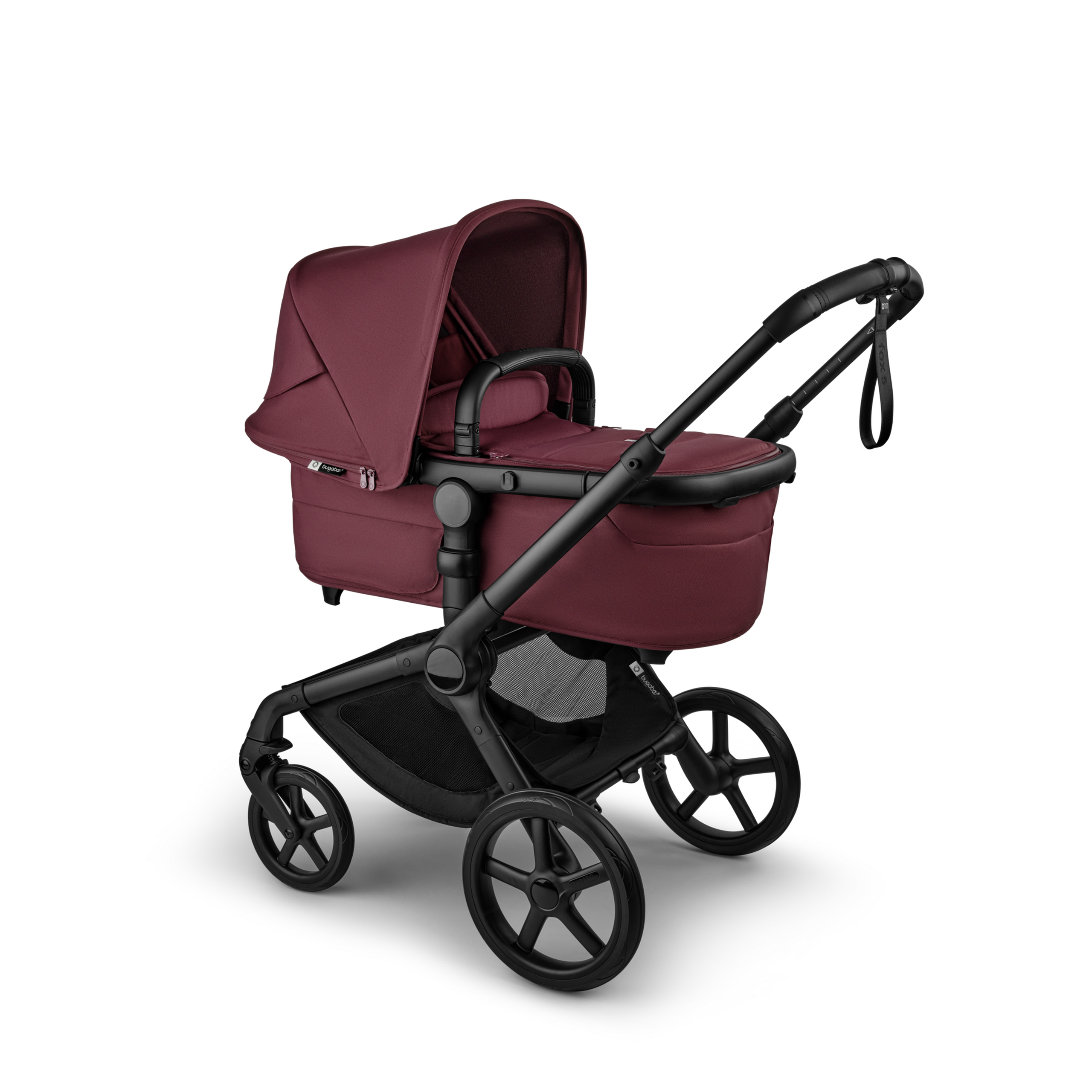 Bugaboo Fox 5 Renew carrycot baby pushchair, with black chassis, Dark Cherry fabrics, and Dark Cherry sun canopy. - Thumbnail Slide 2 of 12