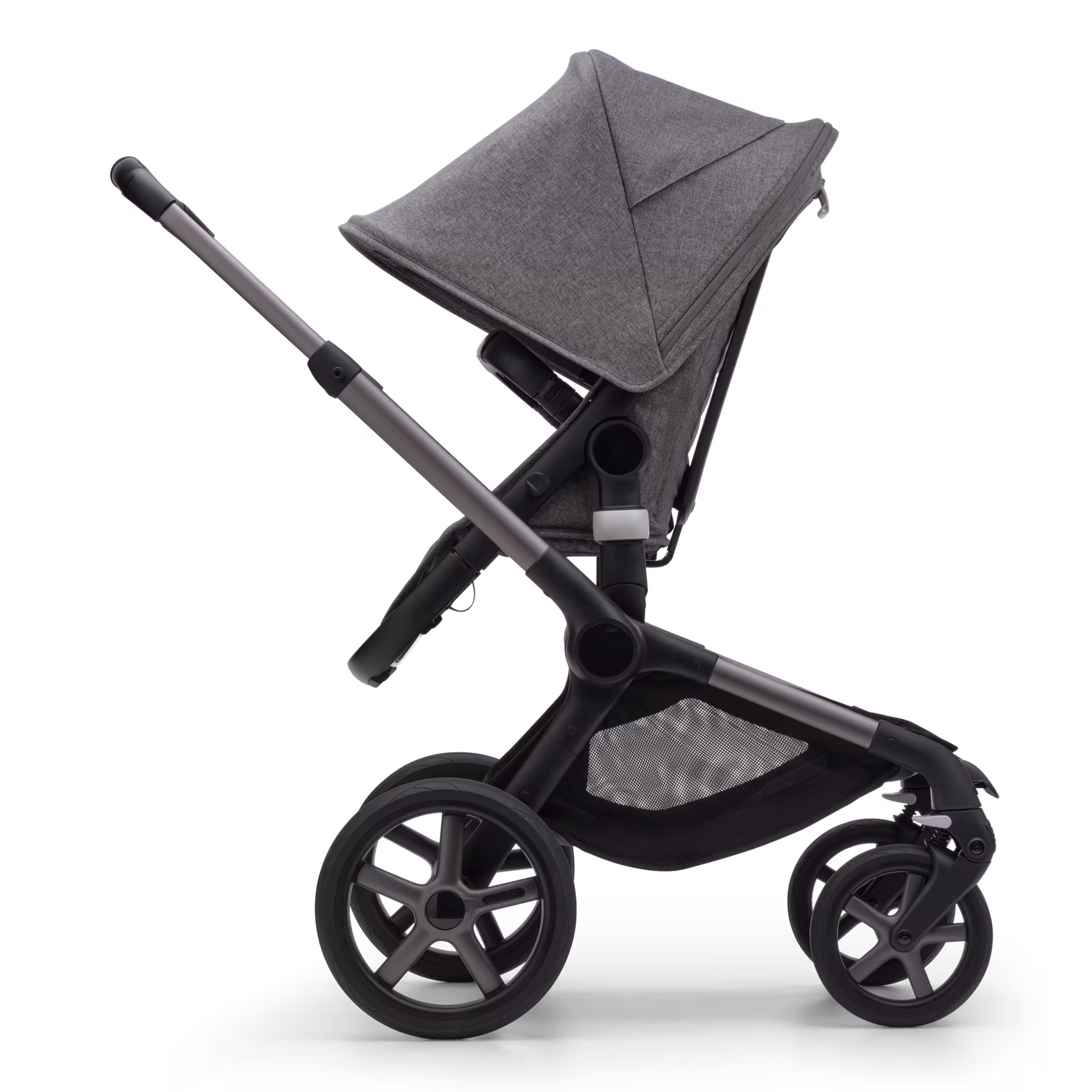 Side view of the Bugaboo Fox 5 seat pram with black chassis, forest green fabrics and forest green sun canopy. - Main Modal Image Slide 3 of 12