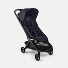 Bugaboo Butterfly 2 ultra-compact travel stroller with black chassis, Deep Indigo fabrics, and Deep Indigo sun canopy.