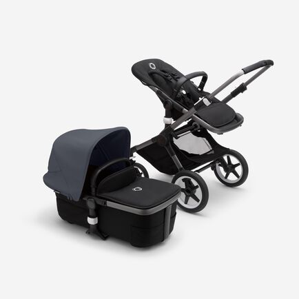 Bugaboo Fox 3 bassinet and seat stroller graphite base, midnight black fabrics, stormy blue sun canopy