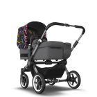 Bugaboo Donkey 5 Mono bassinet and seat stroller graphite base, grey mélange fabrics, art of discovery dark blue sun canopy