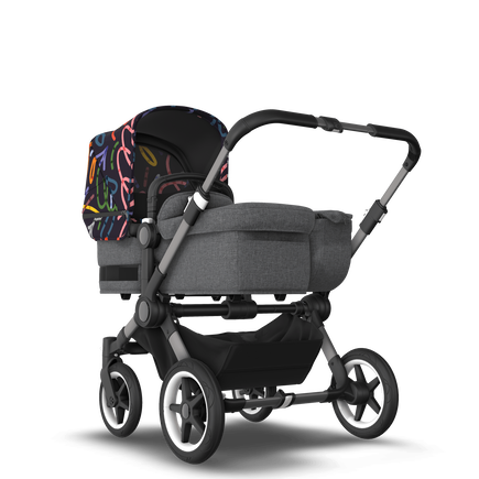 Bugaboo Donkey 5 Mono bassinet and seat stroller graphite base, grey mélange fabrics, art of discovery dark blue sun canopy - view 1