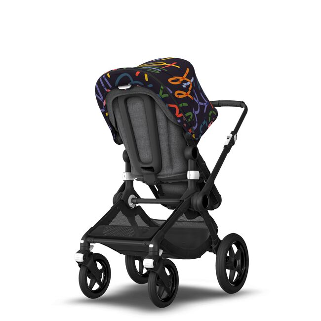 Bugaboo Fox 3 bassinet and seat stroller black base, grey melange fabrics, art of discovery dark blue sun canopy