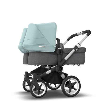 Bugaboo Donkey 3 Twin seat and carrycot pushchair vapor blue sun canopy, grey melange fabrics, aluminium base